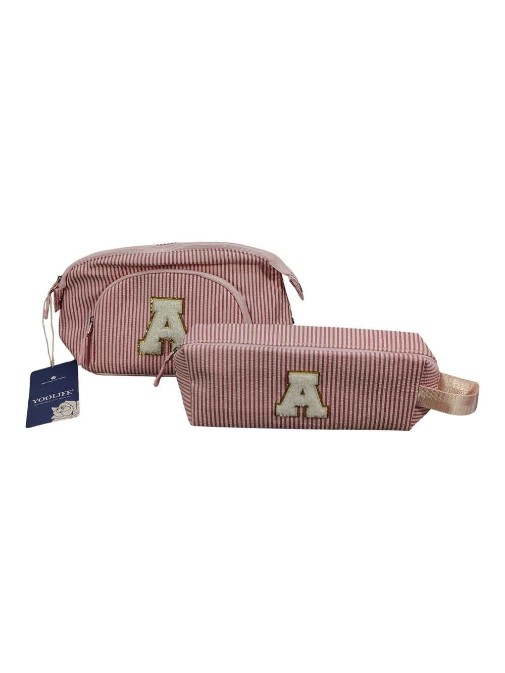 Pink Striped Cosmetic Pouch Set with 'A' Patch
